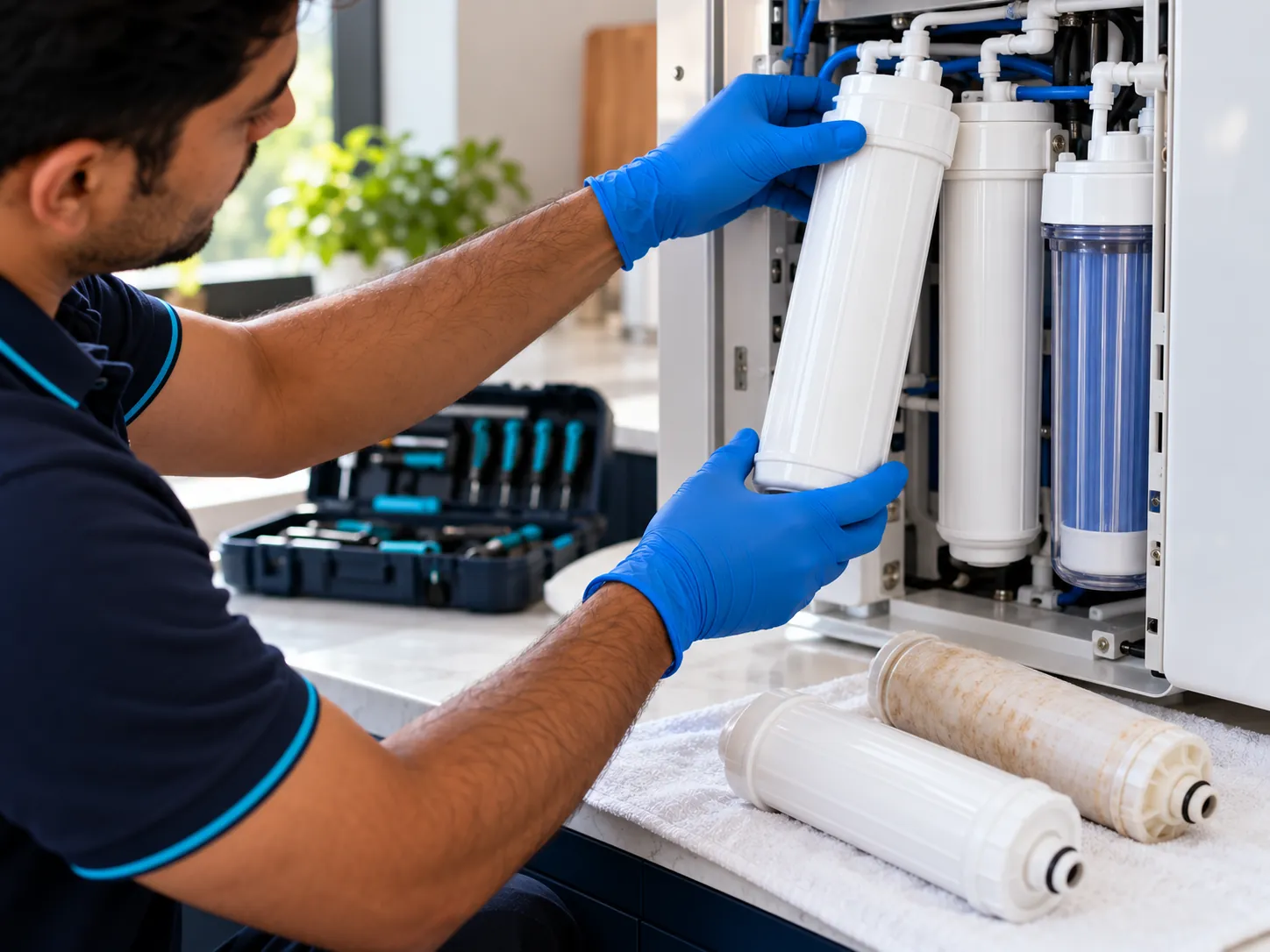Gloved hands fitting a new filter cartridge into an RO purifier, with the old discoloured cartridge beside a new one