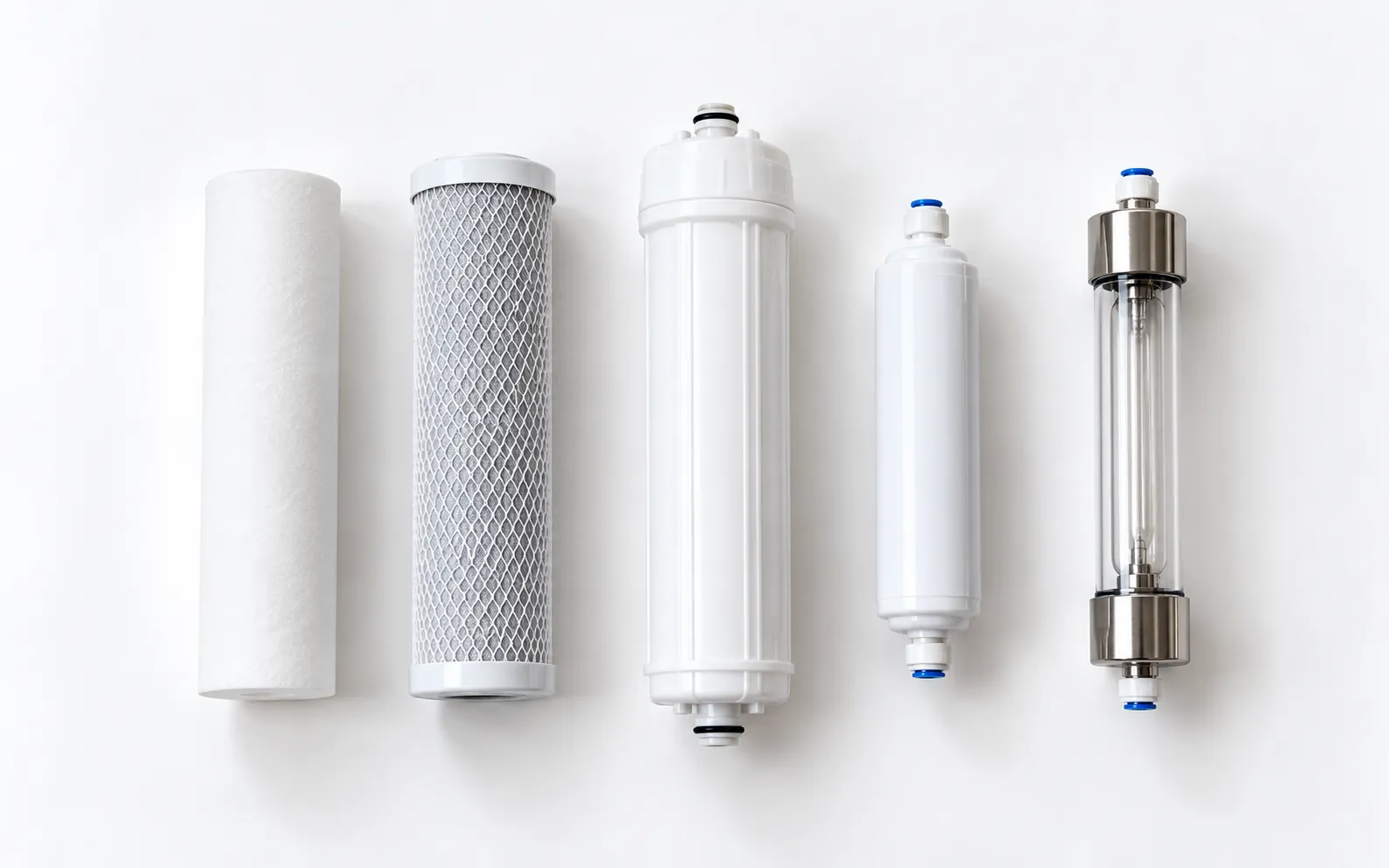 Water purifier filter components side by side: sediment filter, carbon filter, RO membrane, post-carbon filter and UV chamber