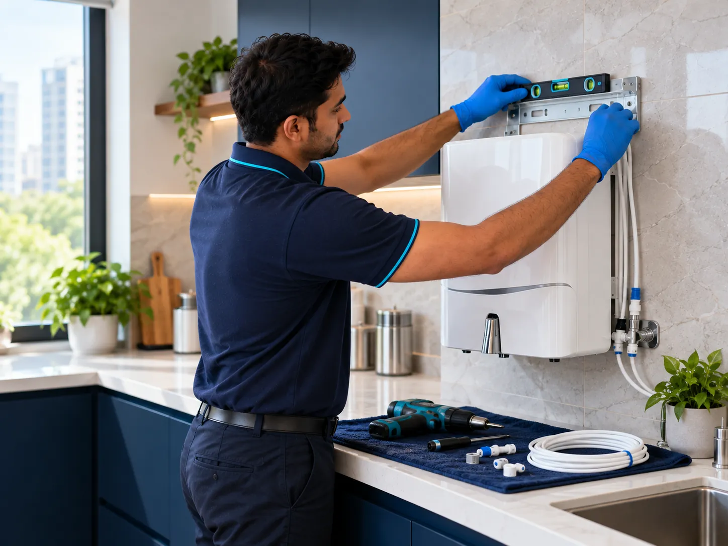 A technician using a spirit level to mount a new water purifier on a kitchen wall, with tools and tubing laid out on the counter