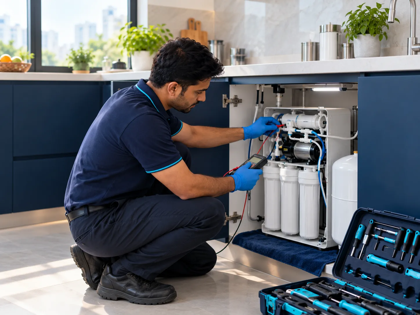 A technician kneeling at an open kitchen sink cabinet, testing an under-sink RO system with a multimeter