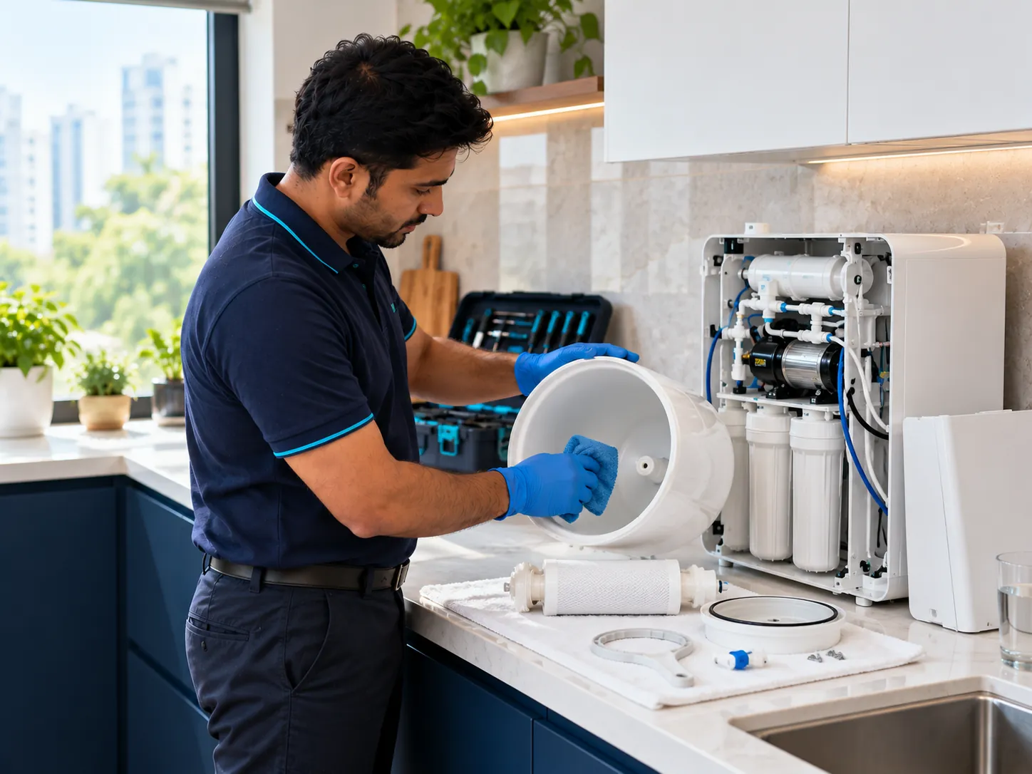 A technician in gloves cleaning a purifier storage tank, with the opened purifier and its parts laid out on a towel