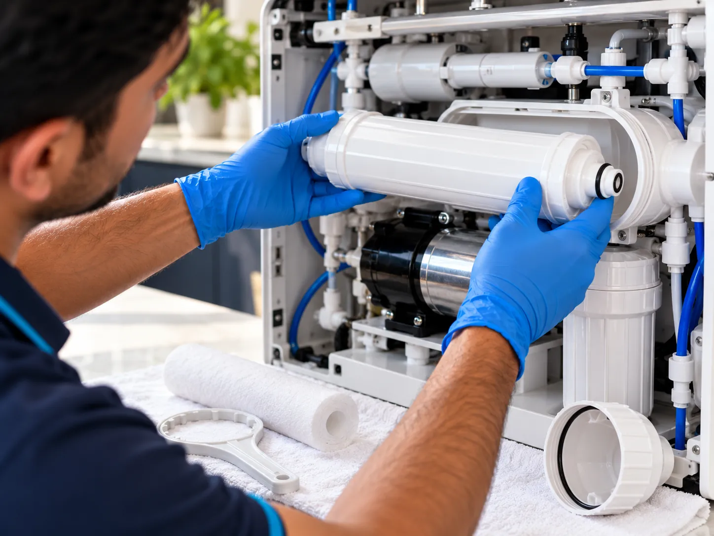 Gloved hands removing an RO membrane housing from an opened water purifier during a service